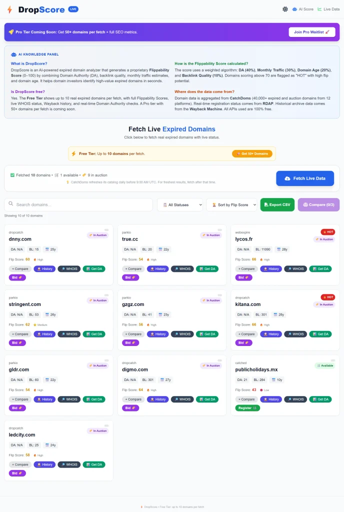 Clicking Fetch Live Data on DropScore to get real expired domains with AI Flip Scores