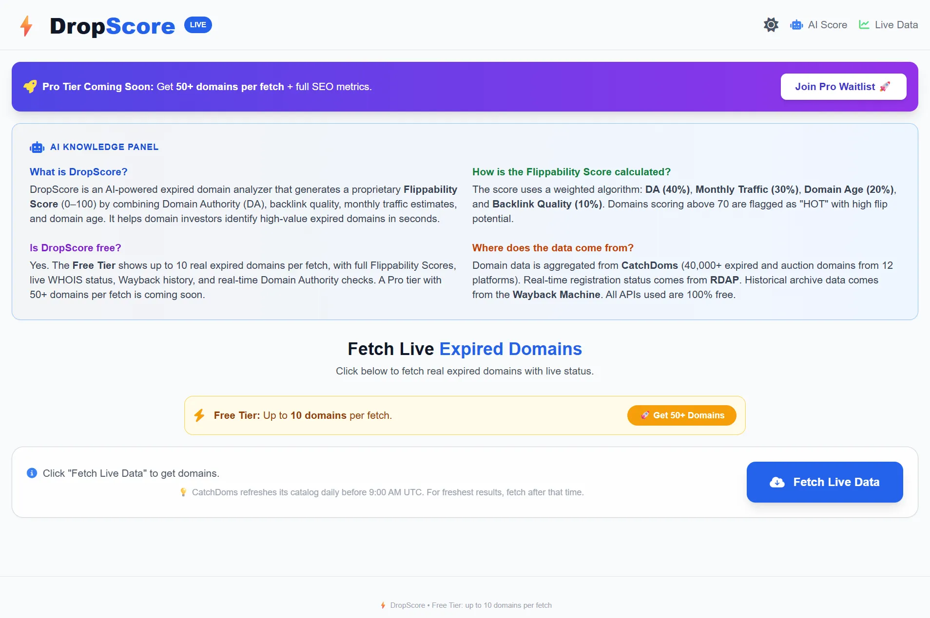 DropScore dashboard showing expired domains with Flippability Scores for flipping in 2026